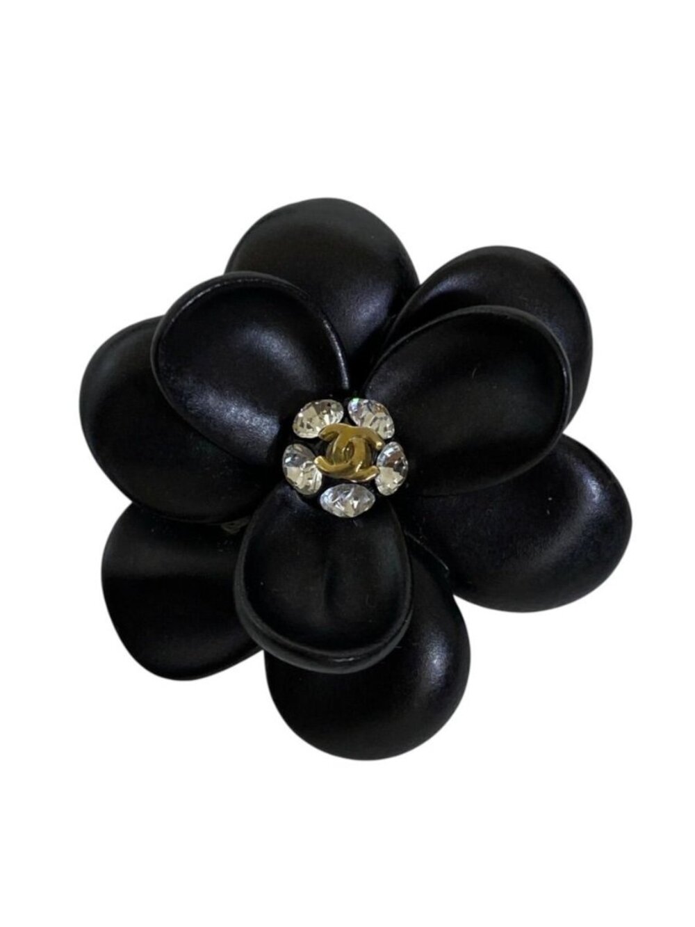 Chanel Brooch CC Logo Camellia Flower Motif Rhinestone Metal Black